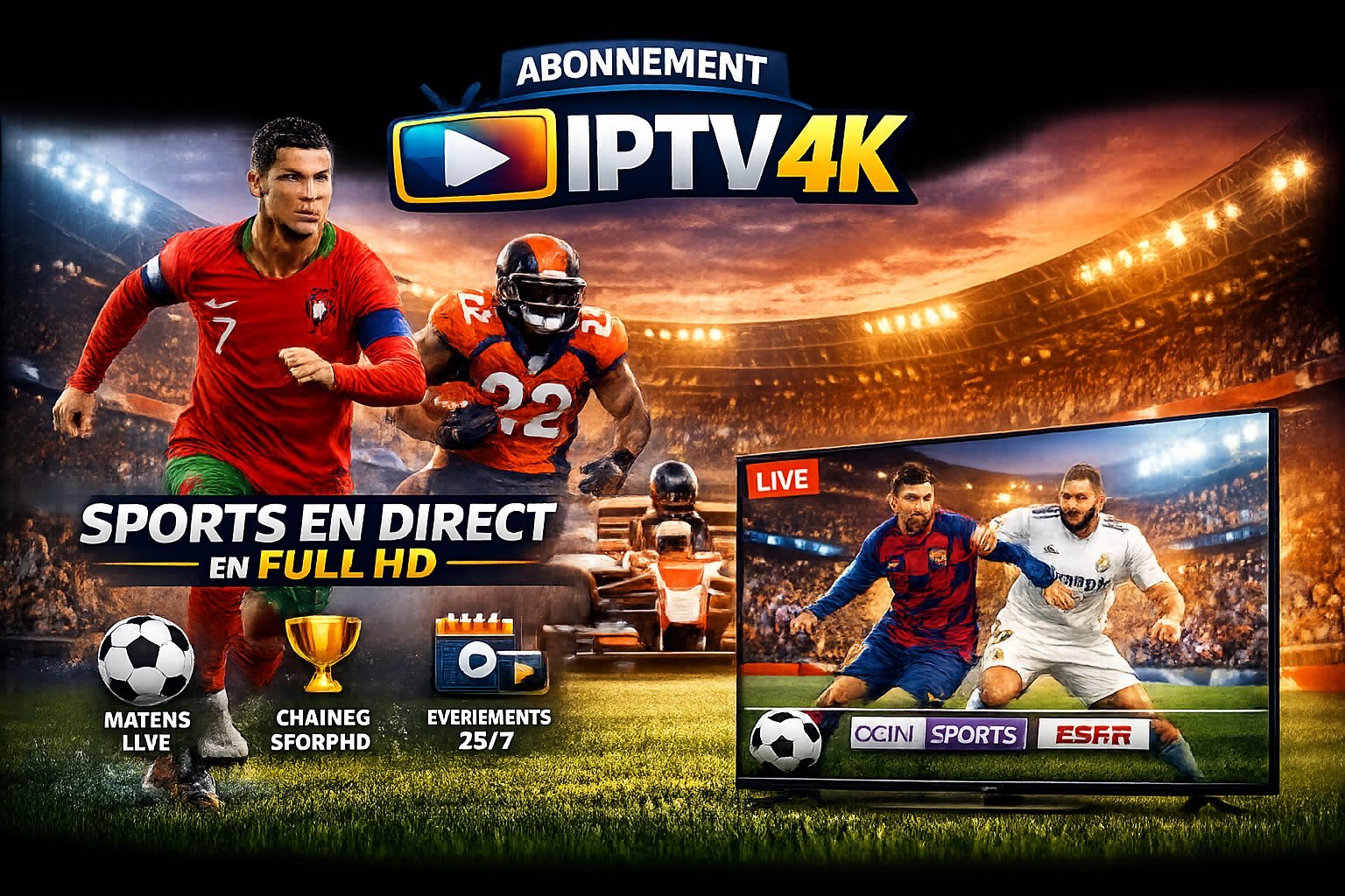 Interface IPTV réunissant direct, films, séries et sport