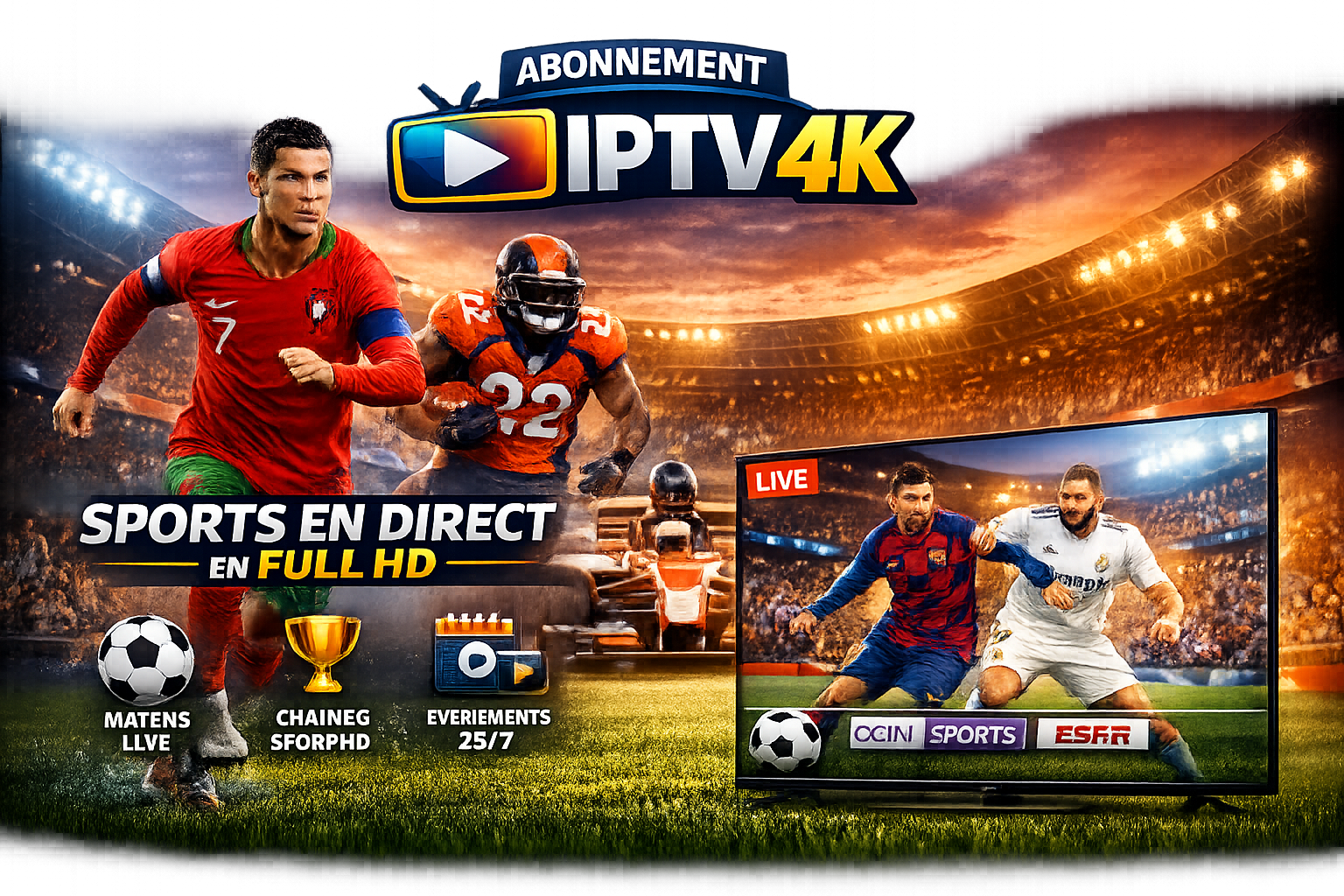 Interface IPTV réunissant direct, films, séries et sport